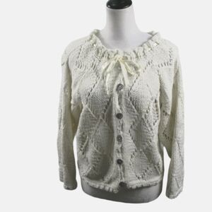 Rico Cream 100% Cotton Cardigan Sweater Ribbon Neckline 3/4 Sleeve Size M/L